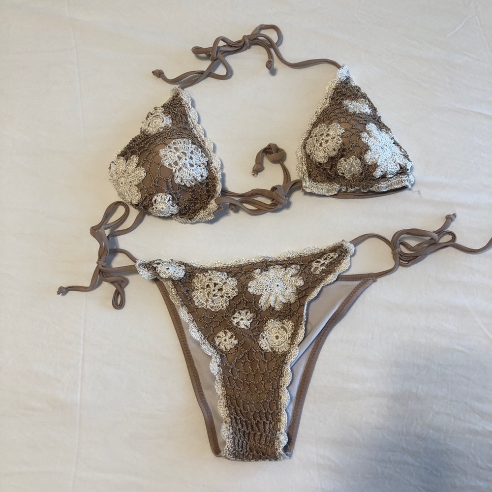 Crochet Brown and Cream Two Piece Bikini Bathing Suit. Swimbay Size small